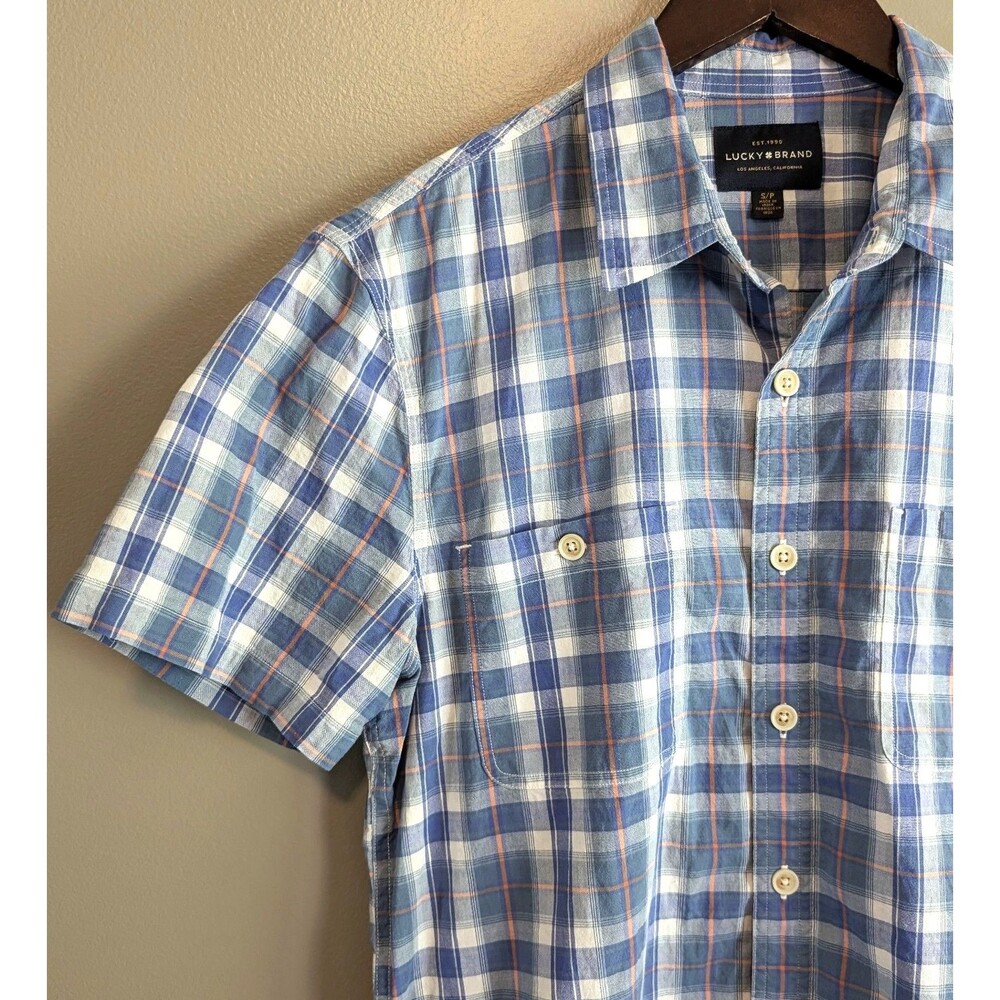 Lucky Brand Mens Small Blue Plaid Check Shirt Short Sleeve Cotton Button Down S